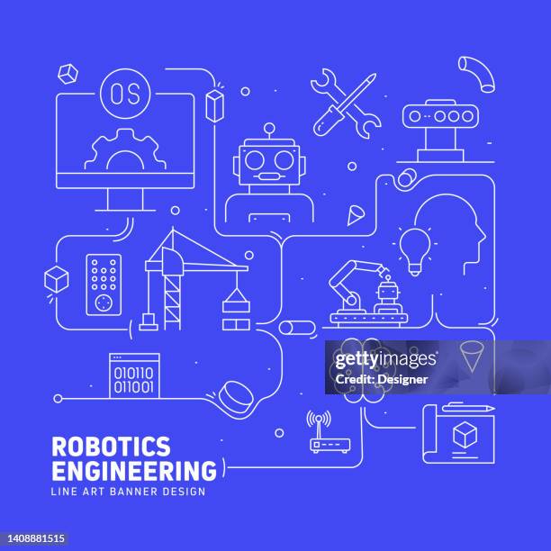 robotics engineering related line style banner design for web page, headline, brochure, annual report and book cover - robotics stock illustrations