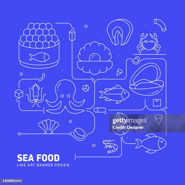 sea food related line style banner design for web page, headline, brochure, annual report and book cover - spice market stock illustrations