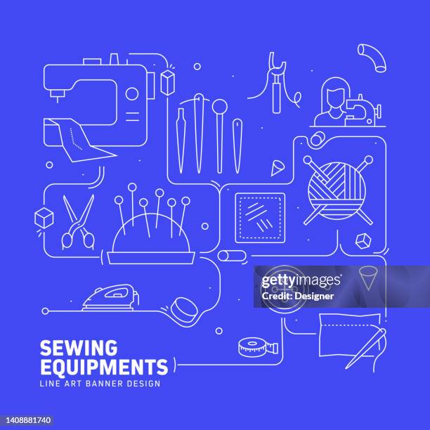 sewing related line style banner design for web page, headline, brochure, annual report and book cover - tailoring stock illustrations
