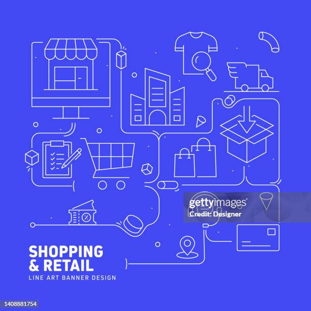 shopping and retail related line style banner design for web page, headline, brochure, annual report and book cover - augmented reality furniture stock illustrations