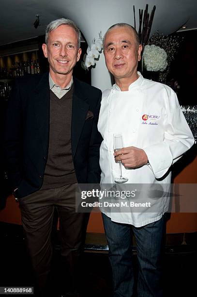 Patrick Cox and Nobuyuki Matsuhisa attend a party to celebrate Nobu London restaurant's 15th anniversary at the Met Bar on March 07, 2012 in London,...