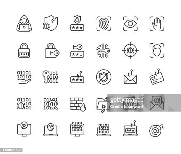 ilustraciones, imágenes clip art, dibujos animados e iconos de stock de iconos de línea de hacker trazo editable - identidad