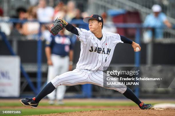 Kota Yazawa of Japan in action during the USA v Japan 3rd place game during the Honkbal Week Haarlem at the Pim Mulier Stadion on July 15, 2022 in...