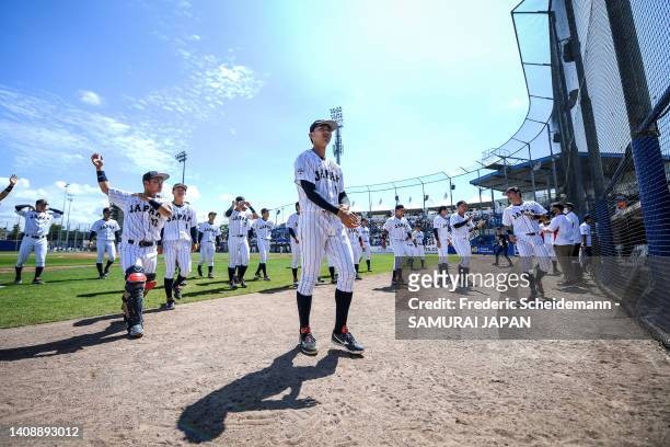 Players of Japan prior to the USA v Japan 3rd place game during the Honkbal Week Haarlem at the Pim Mulier Stadion on July 15, 2022 in Haarlem,...