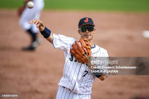 Takuya Hiruma of Japan in action during the USA v Japan 3rd place game during the Honkbal Week Haarlem at the Pim Mulier Stadion on July 15, 2022 in...