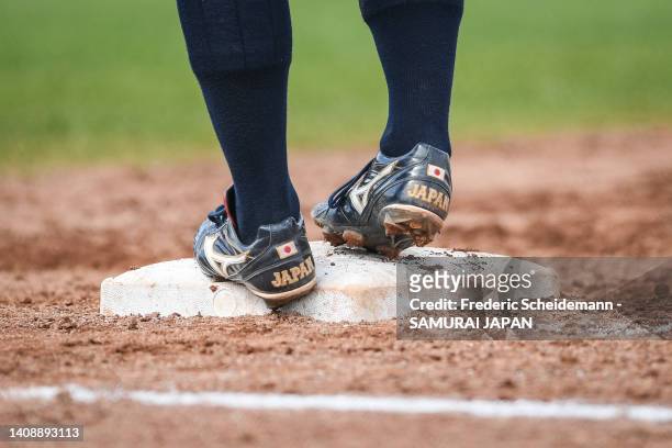 Shoes of a Player of Team Japan during the USA v Japan 3rd place game during the Honkbal Week Haarlem at the Pim Mulier Stadion on July 15, 2022 in...