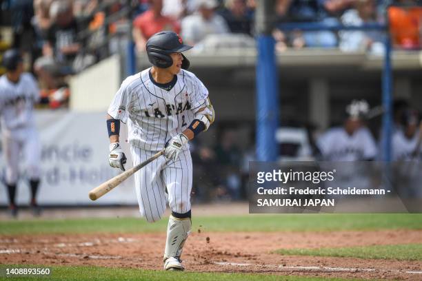Rintaro Tsujimoto of Japan in action during the USA v Japan 3rd place game during the Honkbal Week Haarlem at the Pim Mulier Stadion on July 15, 2022...
