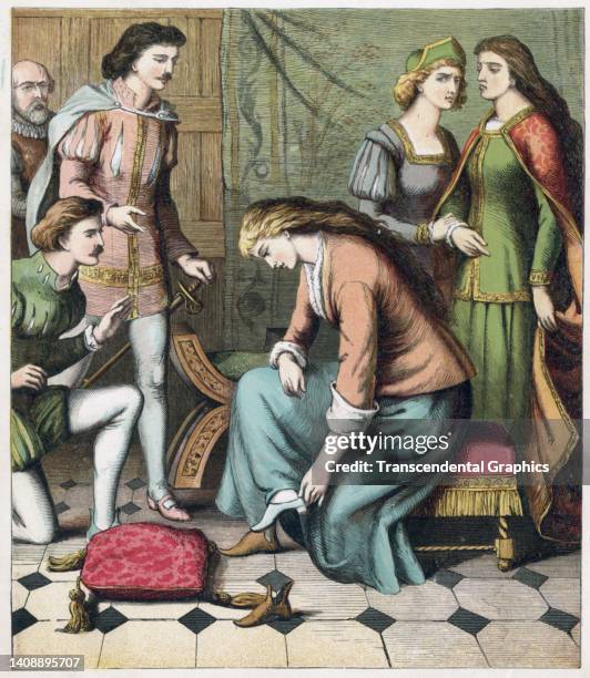 An illustration , from 'Aunt Louisa's Favorite Toy Book,' depicts Cinderella, surrounded by others, as she tries on a glass slipper, 1877.