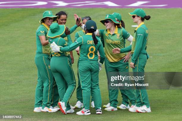 Players of South Africa celebrate after Nonkululeko Mlaba catches out Emma Lamb of England nduring the 2nd Royal London Series One Day International...