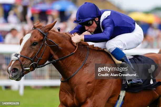 William Buick riding Chateau win The Irish Thoroughbred Marketing Incentive Scheme Rose Bowl Stakes at Newbury Racecourse on July 15, 2022 in...