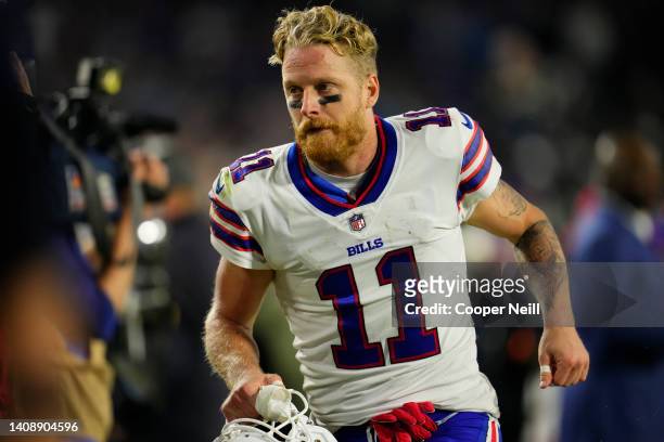Cole Beasley of the Buffalo Bills runs off of the field during to an NFL game against the Tennessee Titans at Nissan Stadium on October 18, 2021 in...