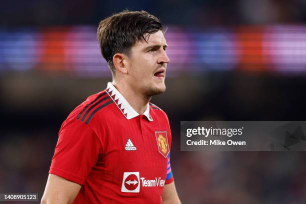 Harry Maguire of Manchester United reacts during the Pre-Season friendly match between Melbourne Victory and Manchester United at Melbourne Cricket...