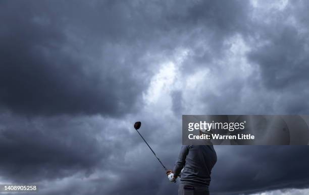 Collin Morikawa of the United States tees off on the 4th hole during Day Two of The 150th Open at St Andrews Old Course on July 15, 2022 in St...