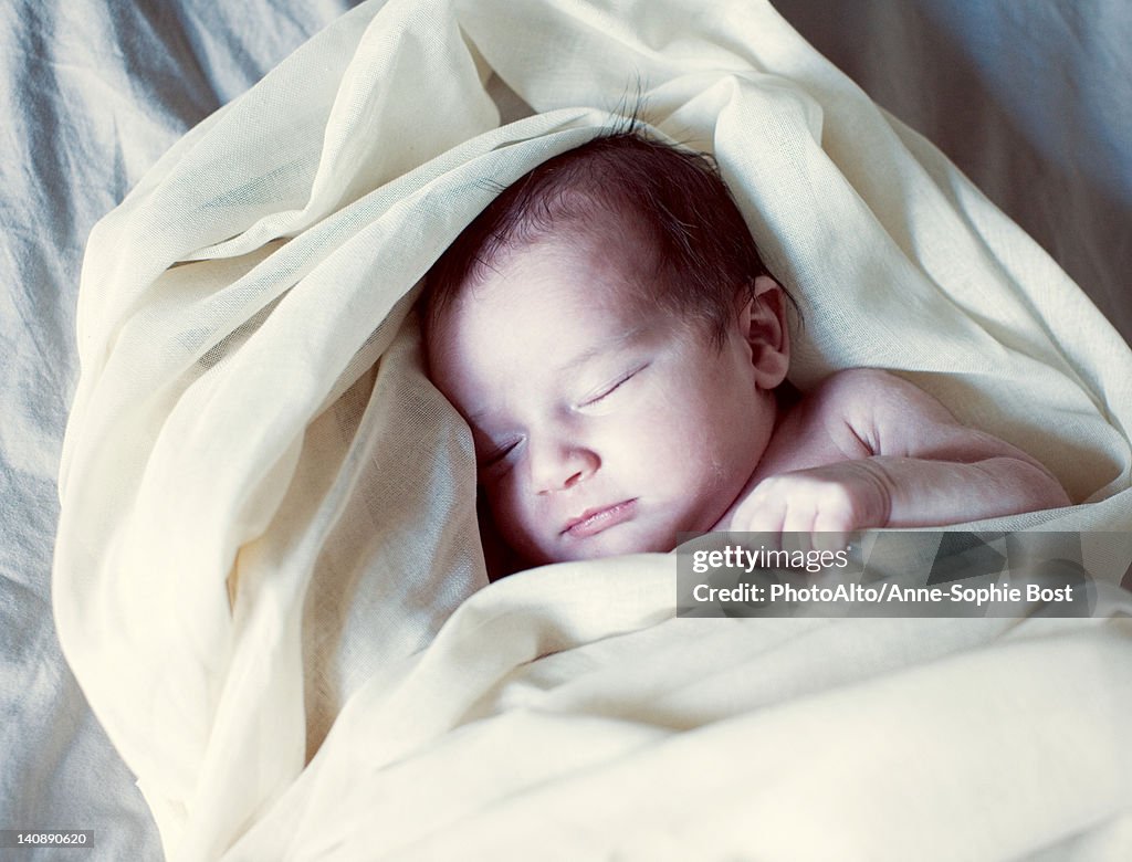 New born baby wrapped in blanket, portrait