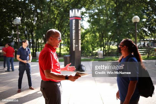 Maryland Democratic gubernatorial candidate Tom Perez greets commuters at the Shady Grove Metro Station on July 15, 2022 in Rockville, Maryland....