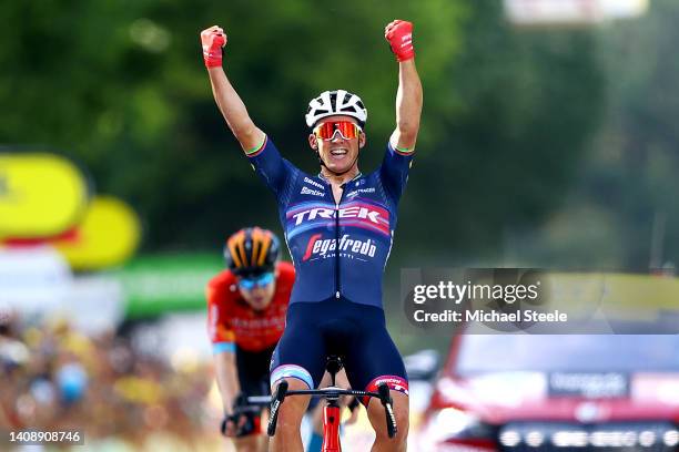 Mads Pedersen of Denmark and Team Trek - Segafredo celebrates at finish line as stage winner during the 109th Tour de France 2022, Stage 13 a 192,6km...