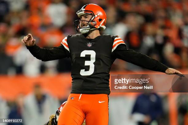 Chase McLaughlin of the Cleveland Browns kicks during to an NFL game against the Denver Broncos at FirstEnergy Stadium on October 21, 2021 in...