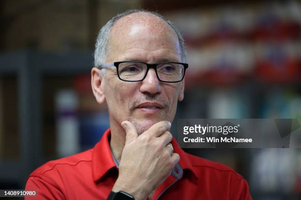 Maryland Democratic gubernatorial candidate Tom Perez helps talks with staff members at the Upcountry Food Hub on July 15, 2022 in Germantown,...