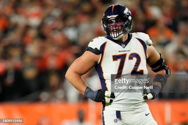 Garrett Bolles of the Denver Broncos gets set during to an NFL game against the Cleveland Browns at FirstEnergy Stadium on October 21, 2021 in...