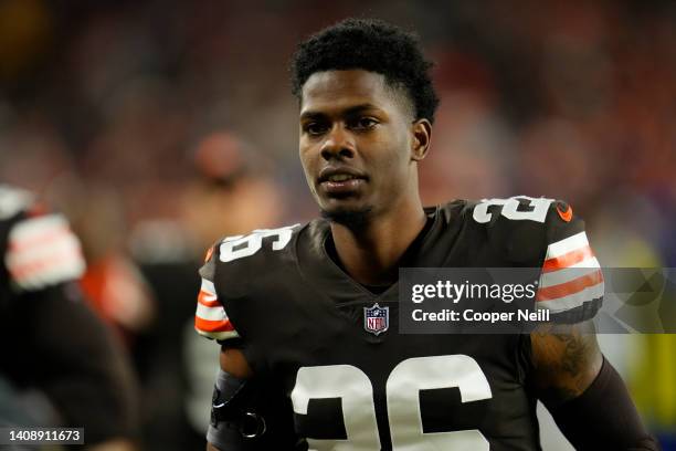 Greedy Williams of the Cleveland Browns runs off of the field during to an NFL game against the Denver Broncos at FirstEnergy Stadium on October 21,...