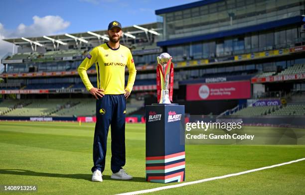 Hampshire captain James Vince with the Vitality T20 Blast trophy ahead of tomorrow's final at Edgbaston on July 15, 2022 in Birmingham, England.