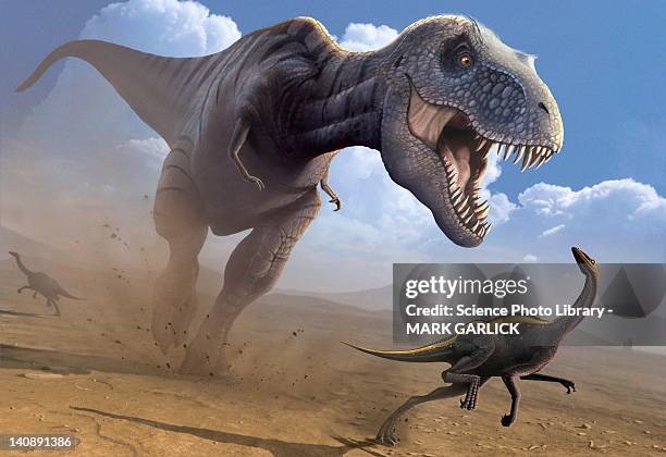 illustrazioni stock, clip art, cartoni animati e icone di tendenza di artwork of a tyrannosaurus rex hunting - dinosauri