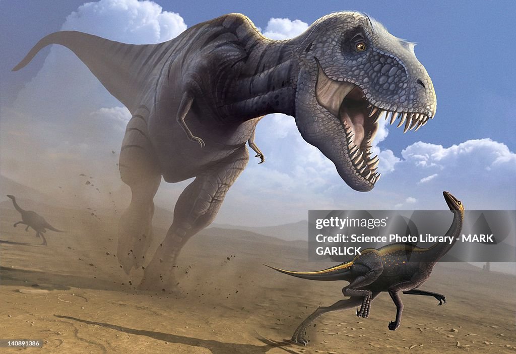 Artwork of a Tyrannosaurus rex hunting