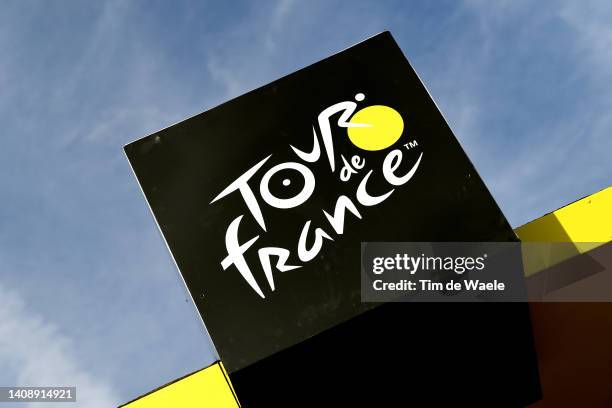 Detail view of the Tour de France logo at podium after the 109th Tour de France 2022, Stage 13 a 192,6km stage from Le Bourg d'Oisans to...