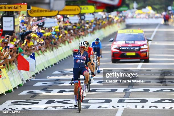 Mads Pedersen of Denmark and Team Trek - Segafredo celebrates at finish line as stage winner during the 109th Tour de France 2022, Stage 13 a 192,6km...