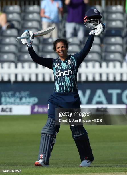 Sophia Dunkley of England celebrates her century during the 2nd Royal London Series One Day International between England Women and South Africa...