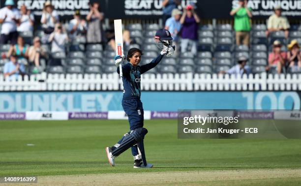 Sophia Dunkley of England celebrates her century during the 2nd Royal London Series One Day International between England Women and South Africa...