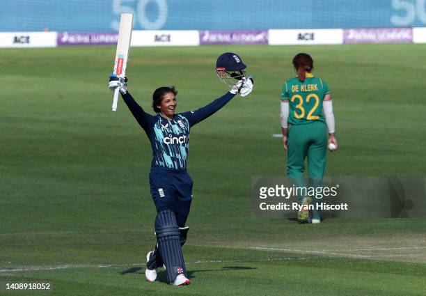 Sophia Dunkley of England celebrates after reaching a century during the 2nd Royal London Series One Day International between England Women and...