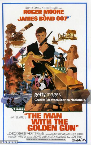 Movie Poster for 'The Man With The Golden Gun', loosely based on the book by Ian Lancaster Fleming . Directed by Guy Hamilton is the ninth film in...