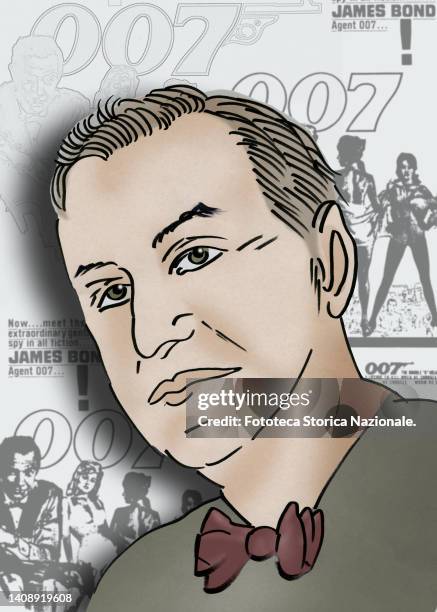 Ink and CG portrait of Ian Lancaster Fleming English writer famous above all for having created the character of James Bond, the secret agent 007...