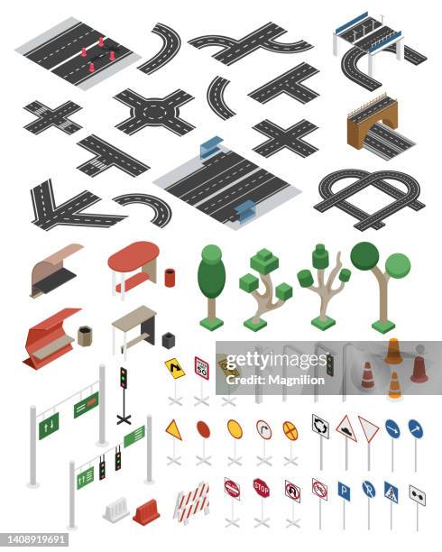 road parts elements, road signs, trees isometric illustration - traffic icon set stock illustrations