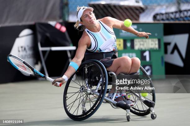 Lucy Shuker of Great Britain plays a forehand shot during her Semi Final match against Pauline Deroulede of France during Day Four of the British...