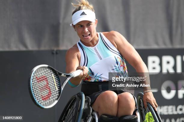 Lucy Shuker of Great Britain plays a forehand during her Semi Final match against Pauline Deroulede of France during Day Four of the British Open...