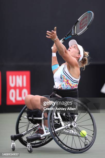 Lucy Shuker of Great Britain serves during her Semi Final match against Pauline Deroulede of France during Day Four of the British Open Wheelchair...