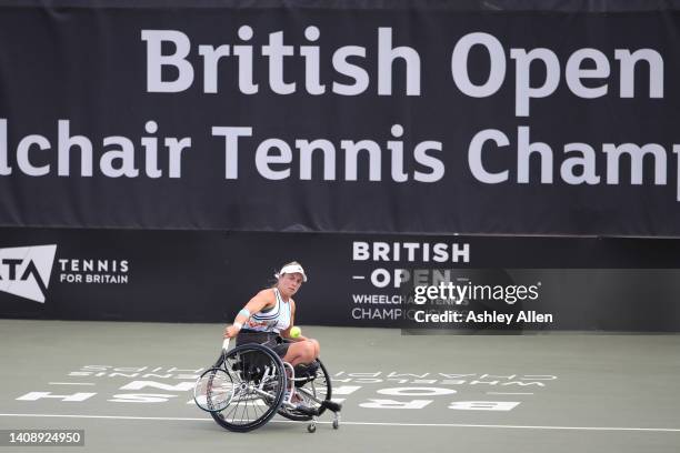 Lucy Shuker of Great Britain plays a backhand during her Semi Final match against Pauline Deroulede of France during Day Four of the British Open...