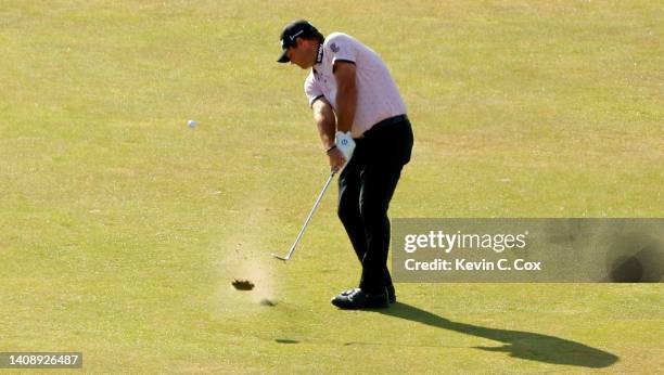 Patrick Reed of the United States plays a shot on the 18th hole during Day Two of The 150th Open at St Andrews Old Course on July 15, 2022 in St...