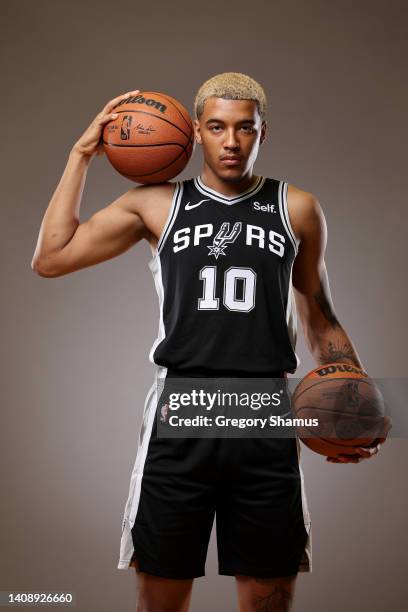 Jeremy Sochan of the San Antonio Spurs poses during the 2022 NBA Rookie Portraits at UNLV on July 15, 2022 in Las Vegas, Nevada. NOTE TO USER: User...