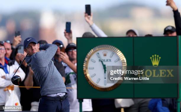 Rory McIlroy of Northern Ireland tees off on the 10th hole during Day Two of The 150th Open at St Andrews Old Course on July 15, 2022 in St Andrews,...