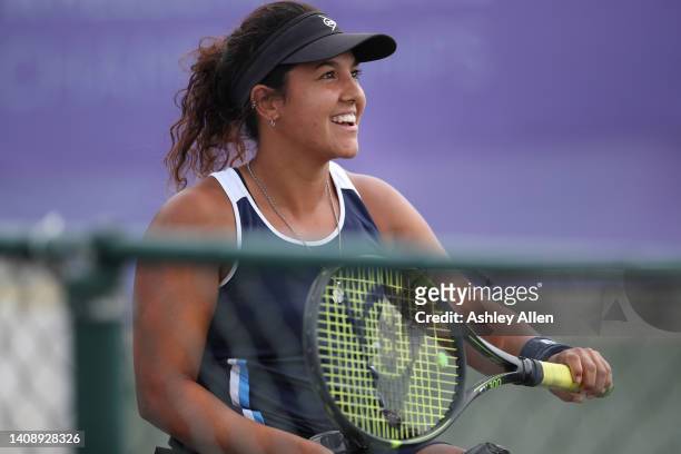 Maria Florencia Moreno of Argentina reacts during Day Four of the British Open Wheelchair Tennis Championships at the Nottingham Tennis Centre on...
