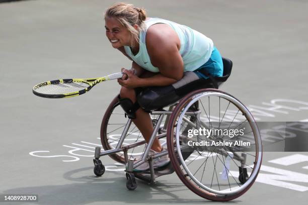 Pauline Deroulede of France reacts during the Semi Final match against Lucy Shuker of Great Britain on Day Four of the British Open Wheelchair Tennis...