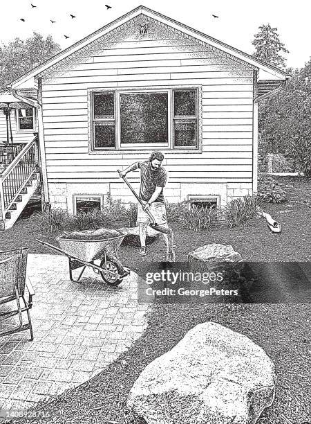 man mulching yard - suburban backyard stock illustrations