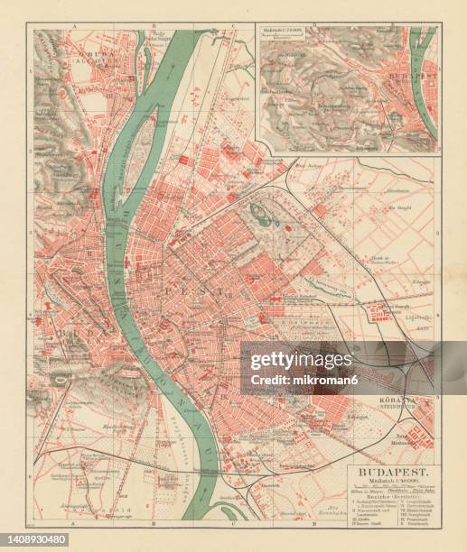 old chromolithograph map of budapest, capital and most populous city of hungary - budapest map stock pictures, royalty-free photos & images