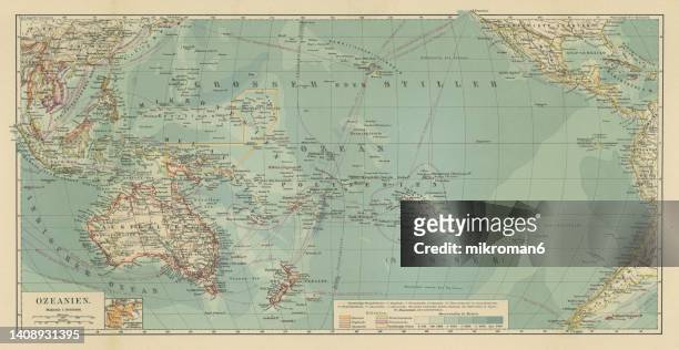 old chromolithograph map of oceania - pacific ocean stock pictures, royalty-free photos & images