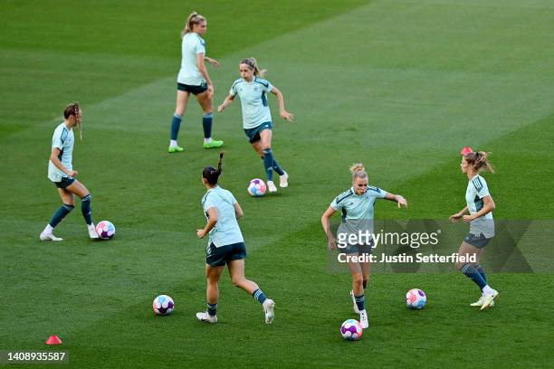 Germany players warm up during the UEFA Women's Euro 2022 Germany Training Session at Stadium mk on July 15, 2022 in Milton Keynes, England.