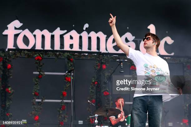 Grian Chatten of Fontaines D.C. Performs live on stage at Finsbury Park on July 15, 2022 in London, England.