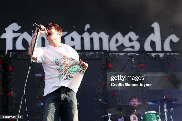 Grian Chatten of Fontaines D.C. Performs live on stage at Finsbury Park on July 15, 2022 in London, England.